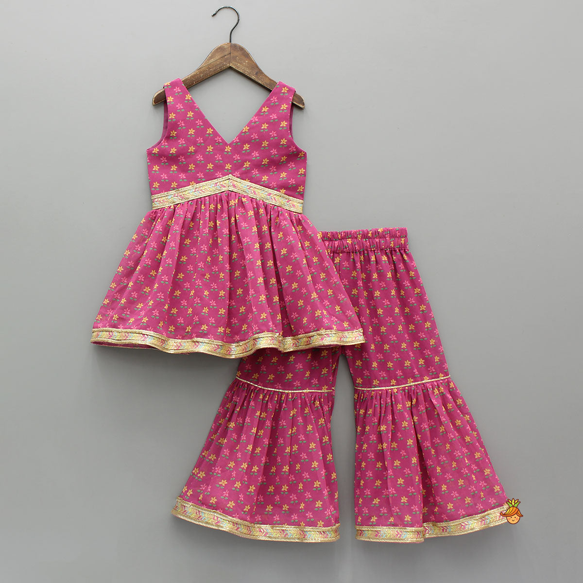 Floral Printed Lace Detailed Kurti And Sharara With Matching Dupatta