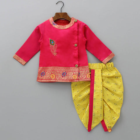 Pre Order: Ethnic Brocade Enhanced Pink Kurta With Booti Embroidered Dhoti