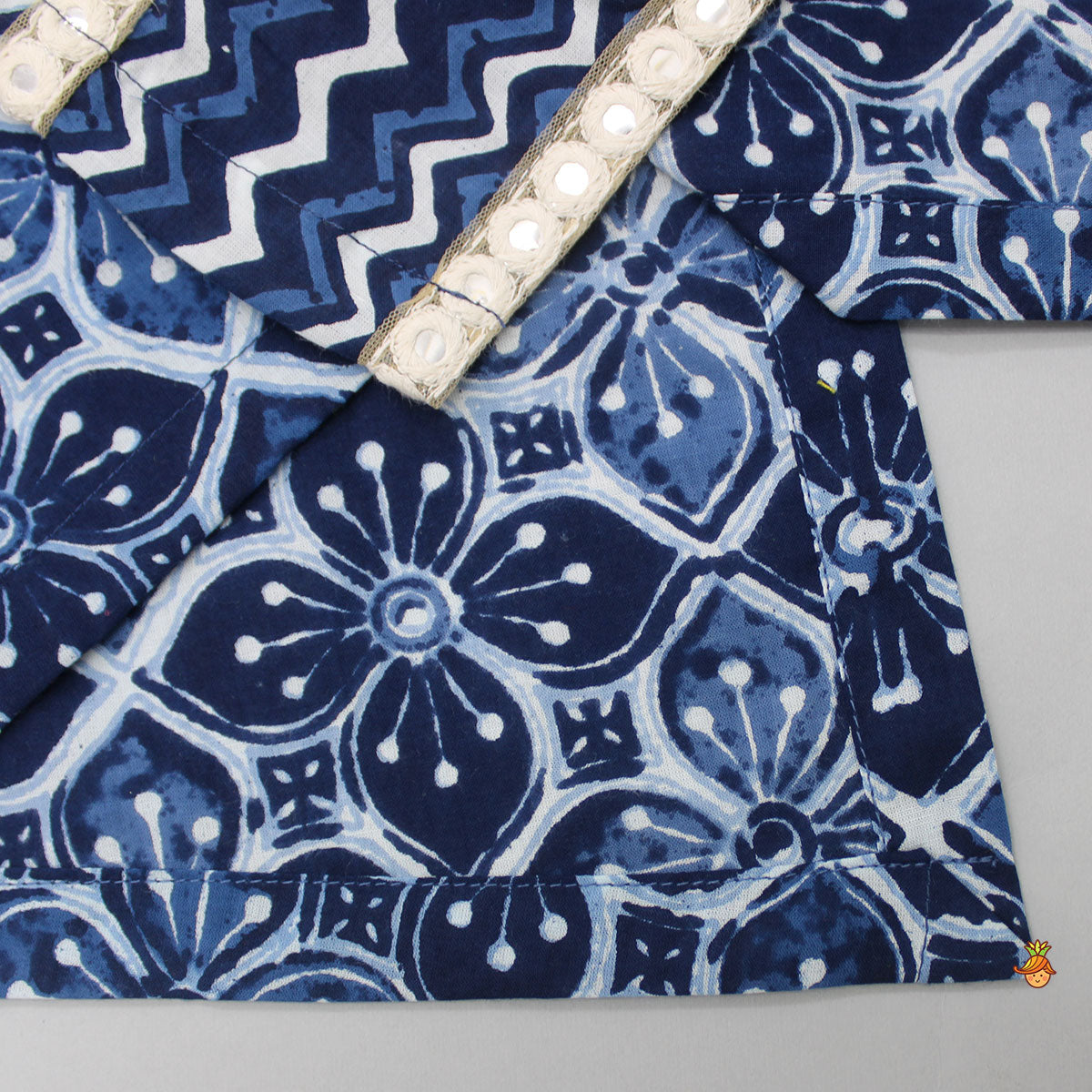 Printed Faux Mirror Detailed Blue Kurta With White Pyjama