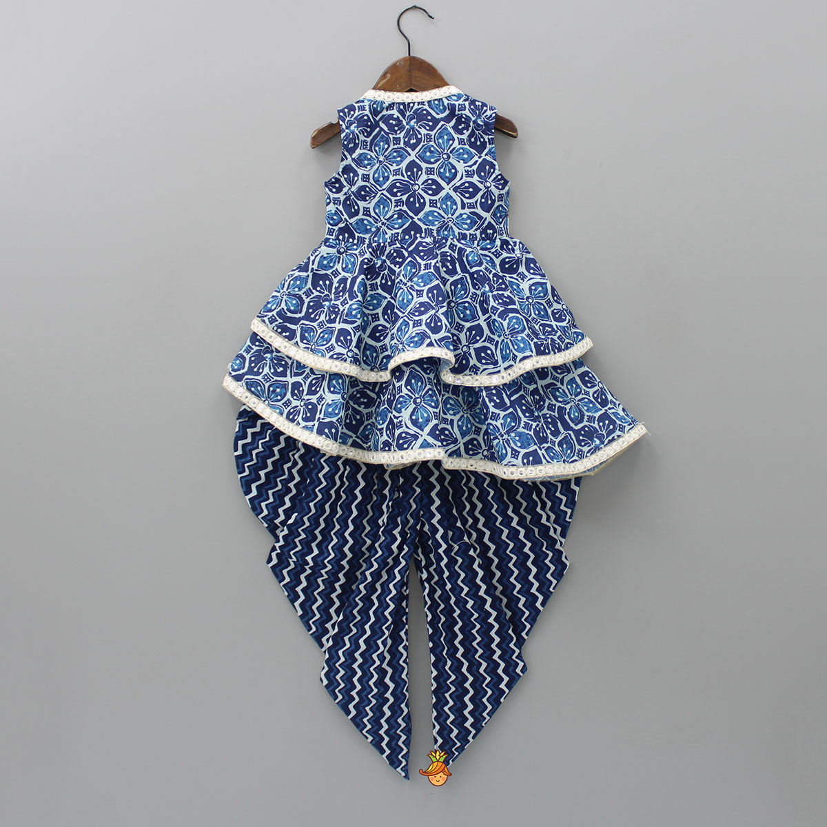 Printed Blue Crop Top With High Low Jacket And Dhoti