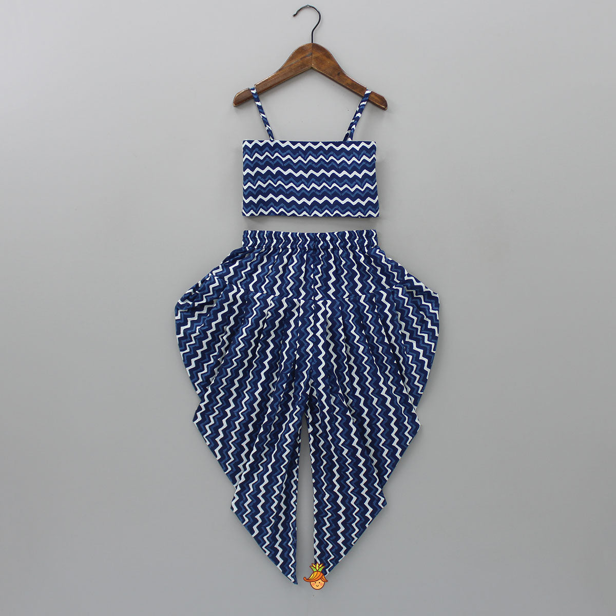 Printed Blue Crop Top With High Low Jacket And Dhoti
