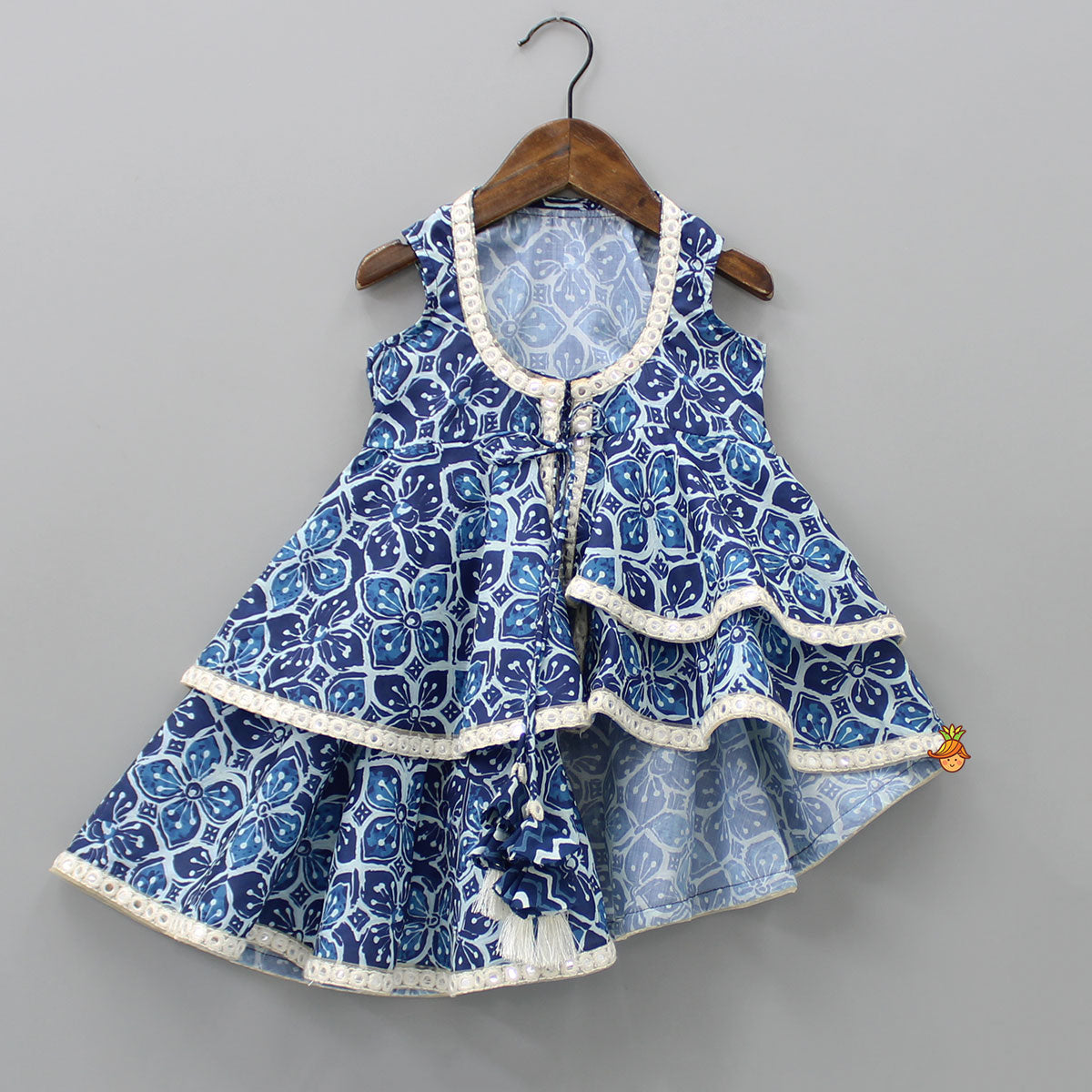 Printed Blue Crop Top With High Low Jacket And Dhoti