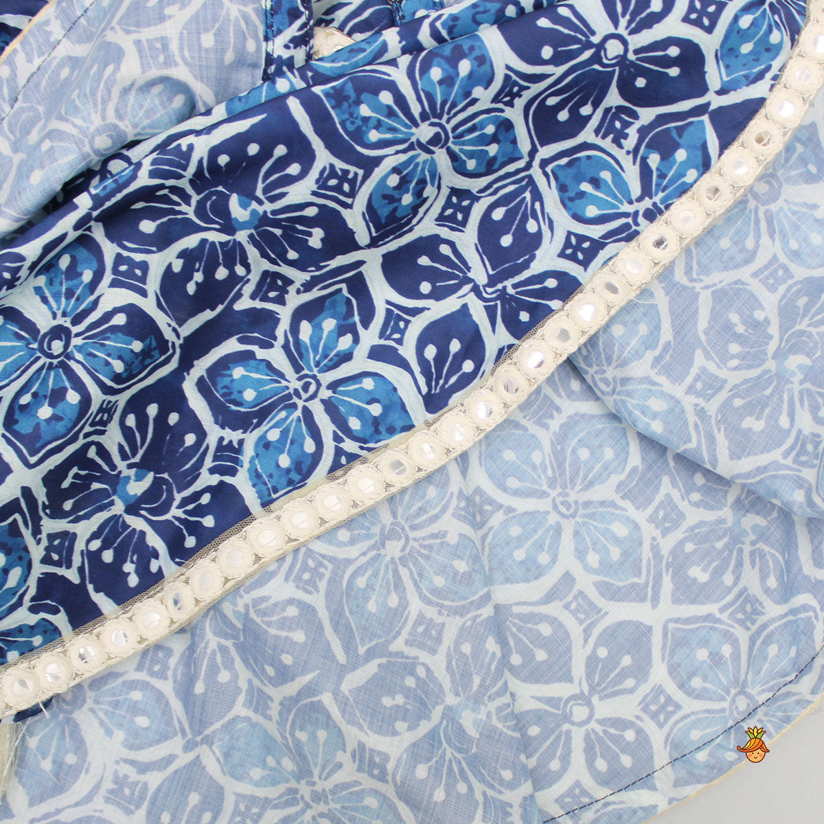 Printed Blue Crop Top With High Low Jacket And Dhoti