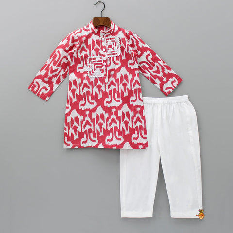 Pre Order: Printed Gota Lace Detailed Red Kurta With Pyjama