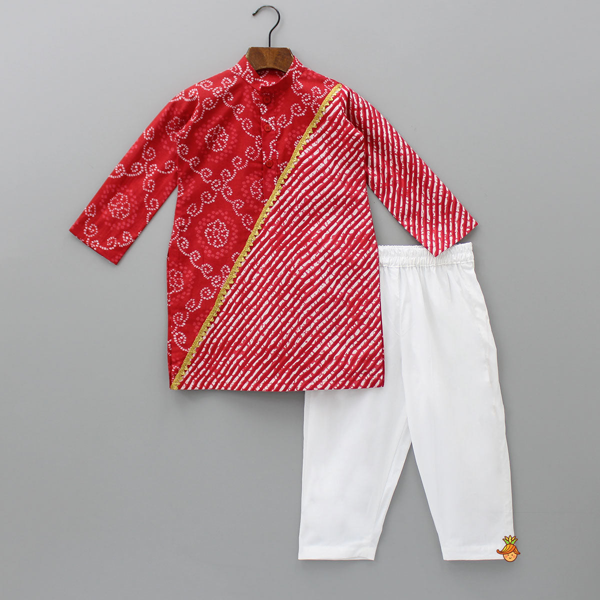 Pre Order: Bandhani And Leheriya Printed Red Kurta With White Pyjama