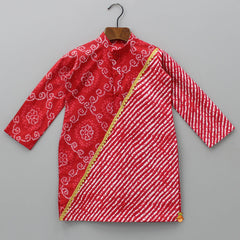 Pre Order: Bandhani And Leheriya Printed Red Kurta With White Pyjama