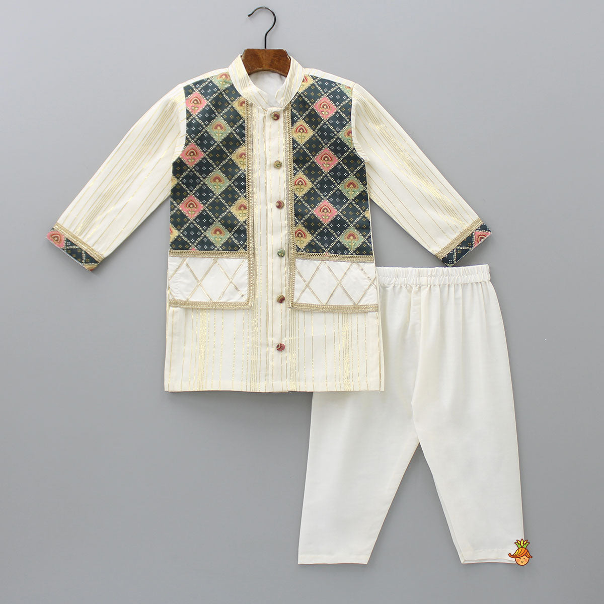Lurex Stripes Off White Jacket Style Kurta And Pyjama
