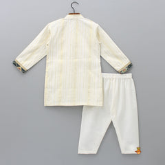 Pre Order: Lurex Stripes Off White Jacket Style Kurta And Pyjama