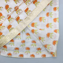 Pre Order: Hand Block Floral Printed Top And Dual Tone Leheriya Lehenga With Gota Lace Work Dupatta