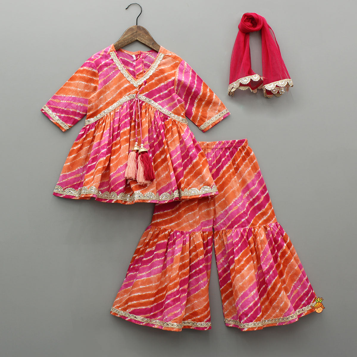 Multicolour Leheriya Printed Kurti With Lace Work Sharara And Dupatta