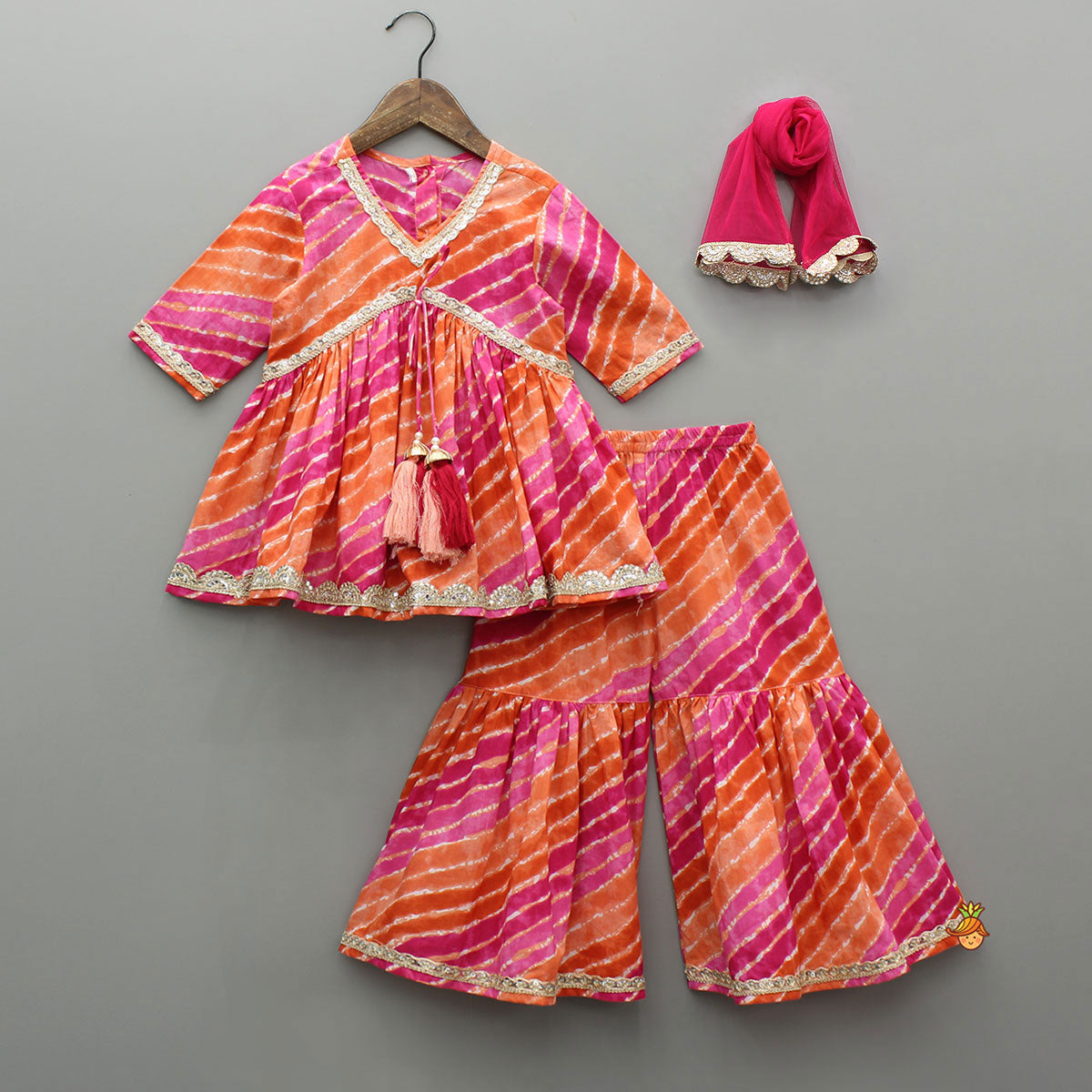 Multicolour Leheriya Printed Kurti With Lace Work Sharara And Dupatta