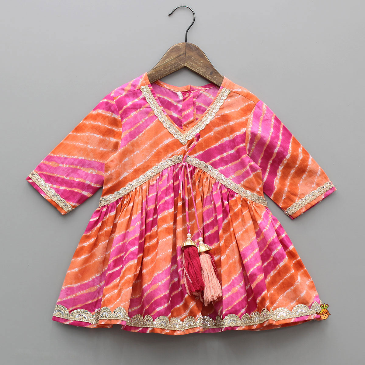 Multicolour Leheriya Printed Kurti With Lace Work Sharara And Dupatta