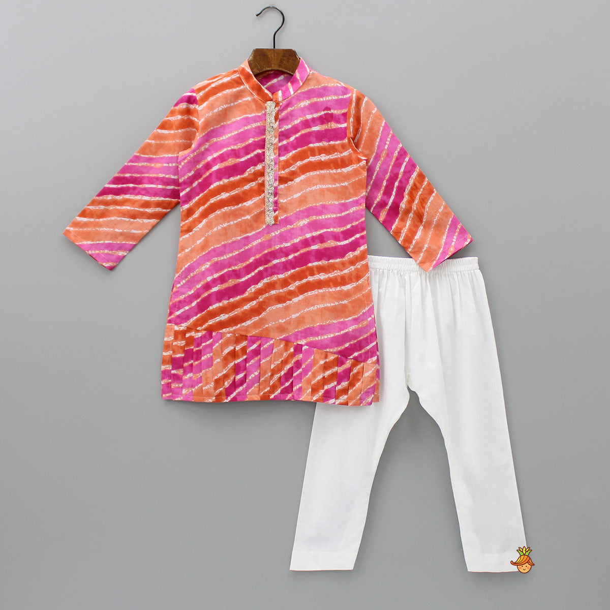Pre Order: Multicolour Leheriya Printed Kurta With Pleated Hem And Pyjama