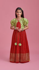 Ethnic Pleated Georgette Red Dress With Puffed Sleeves Jacket