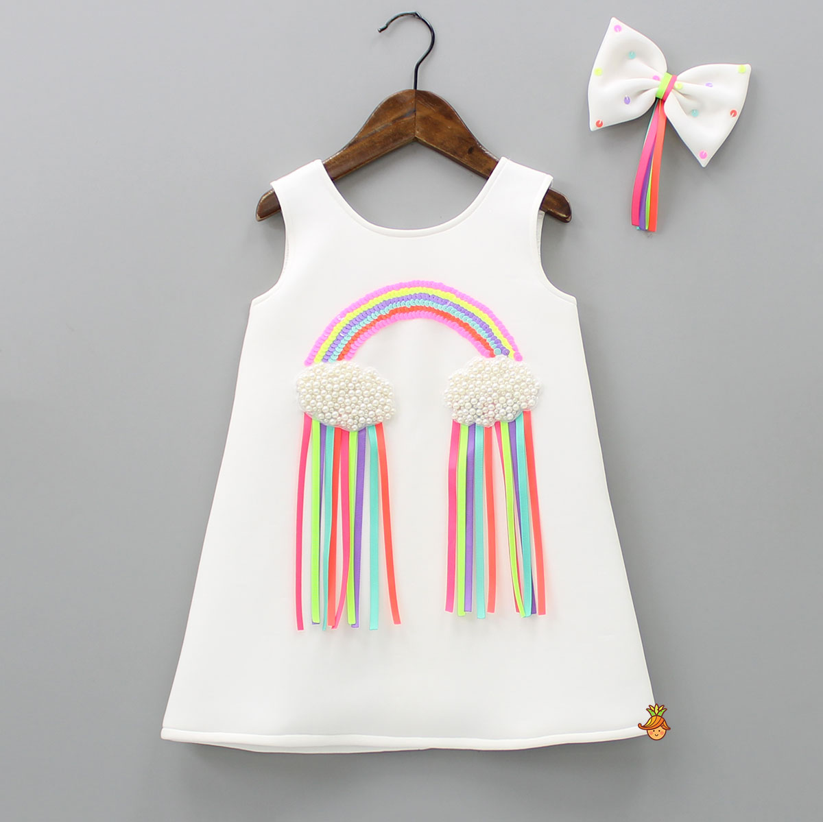 Pre Order: Sequins Rainbow Embroidered White Dress With Bowie Hair Clip