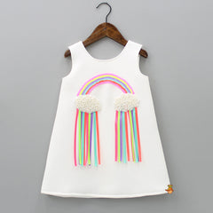 Pre Order: Sequins Rainbow Embroidered White Dress With Bowie Hair Clip
