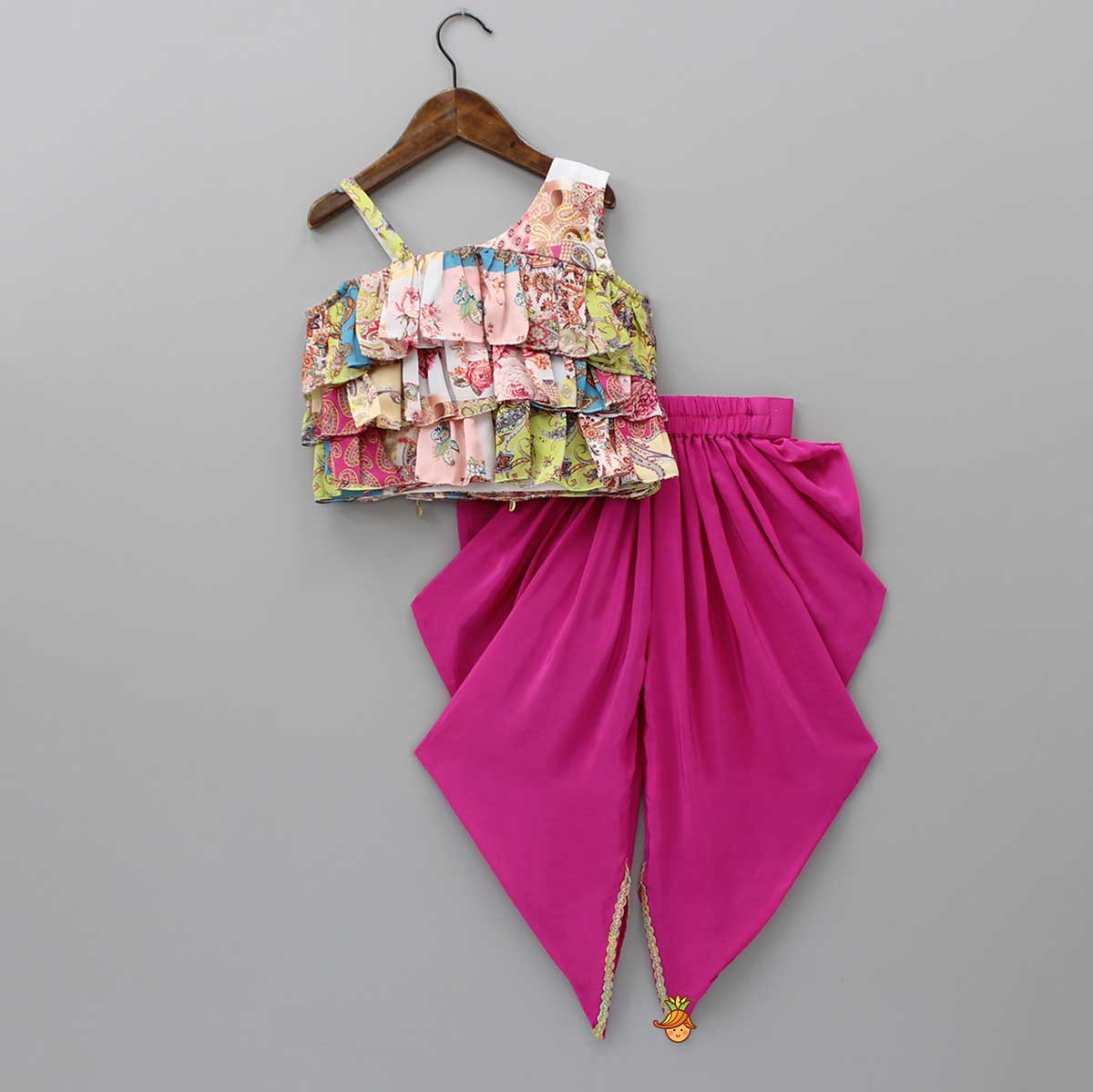 Printed Layered Top With Pink Dhoti