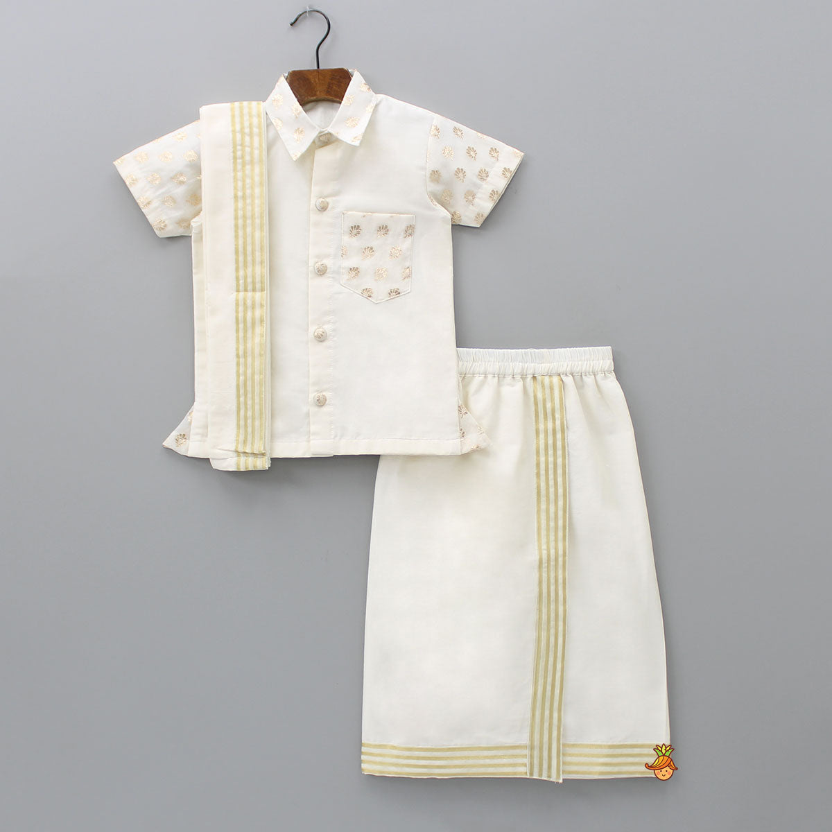 Pre Order: Exquisite Off White Shirt And Stitched Lungi With Shawl