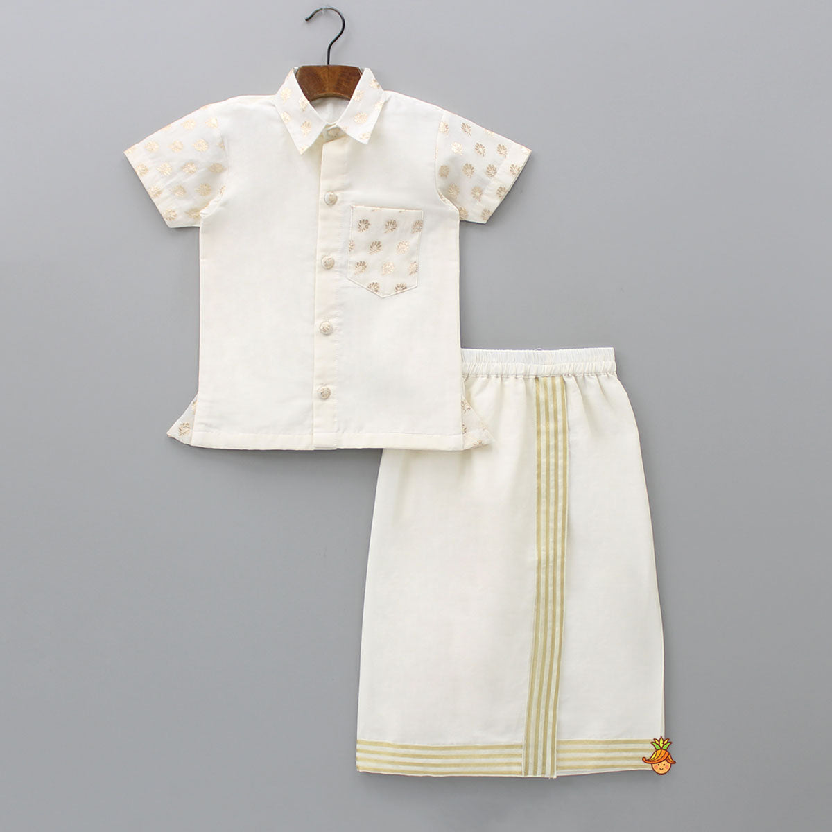 Pre Order: Exquisite Off White Shirt And Stitched Lungi With Shawl