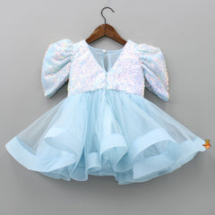 Pre Order: Sequins Beautified Flared Blue Dress With Swirled Hair Clip
