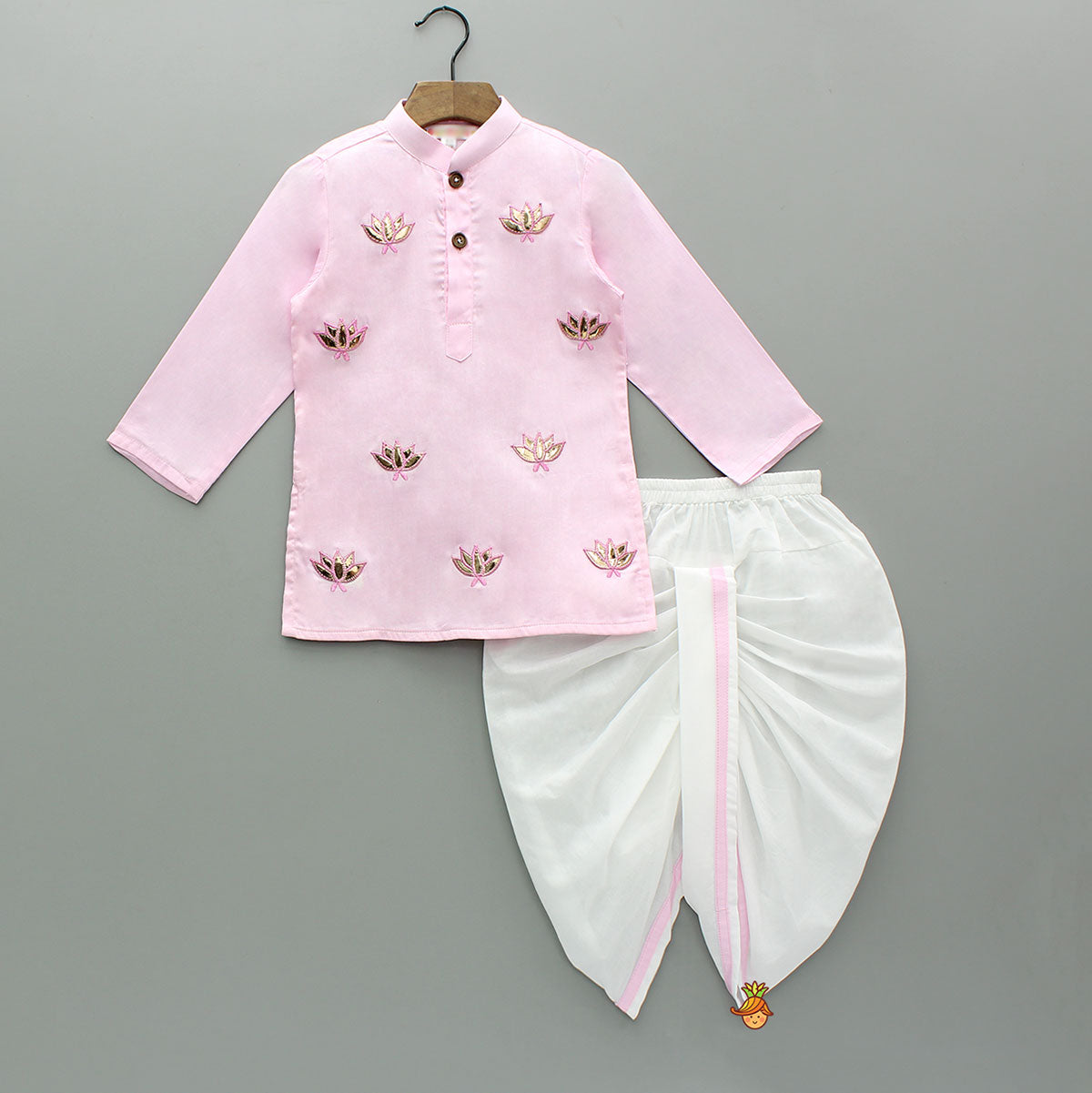Lotus Patch Embroidered Pink Kurta And Dhoti