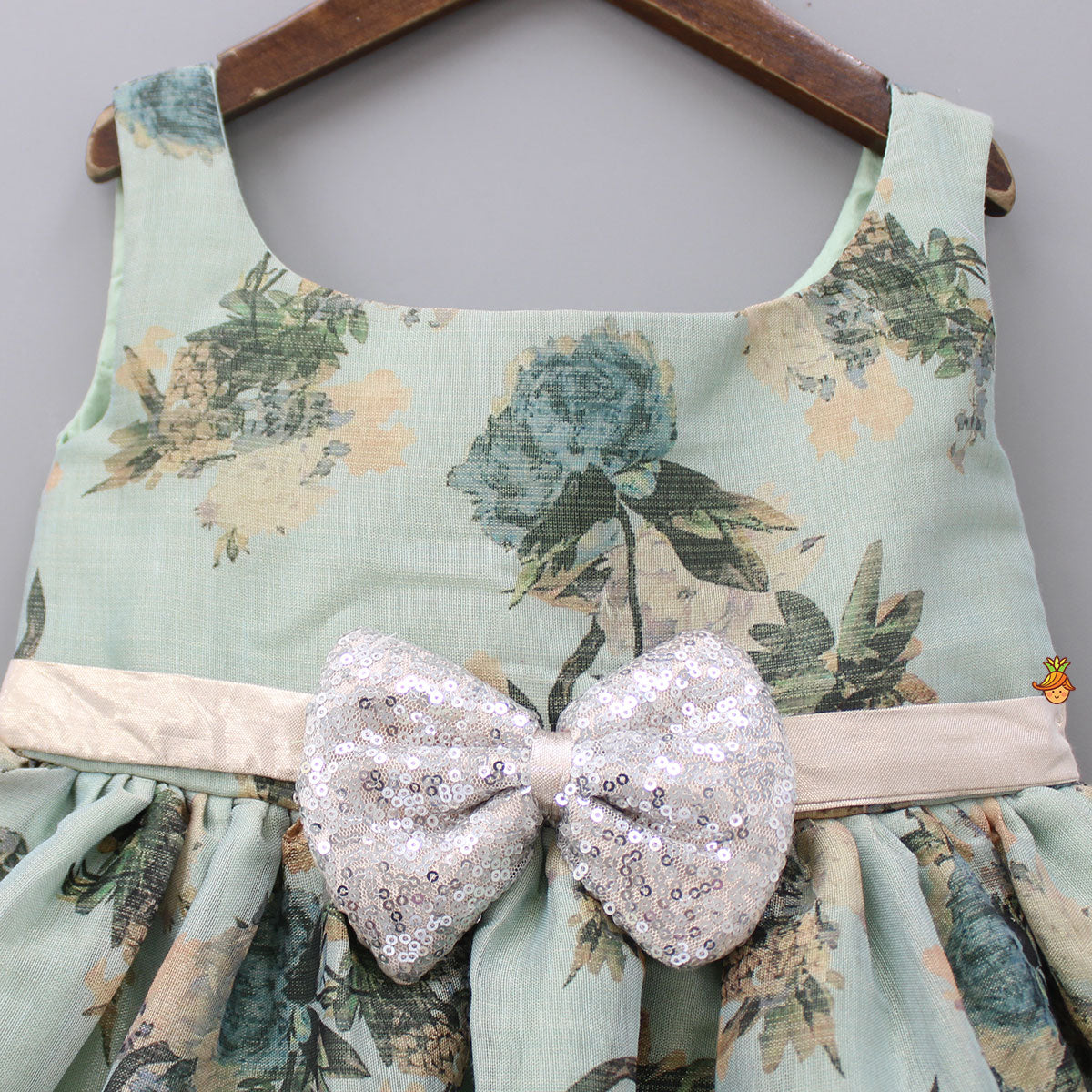 Floral Printed Dress With Sequins Embroidered Bow