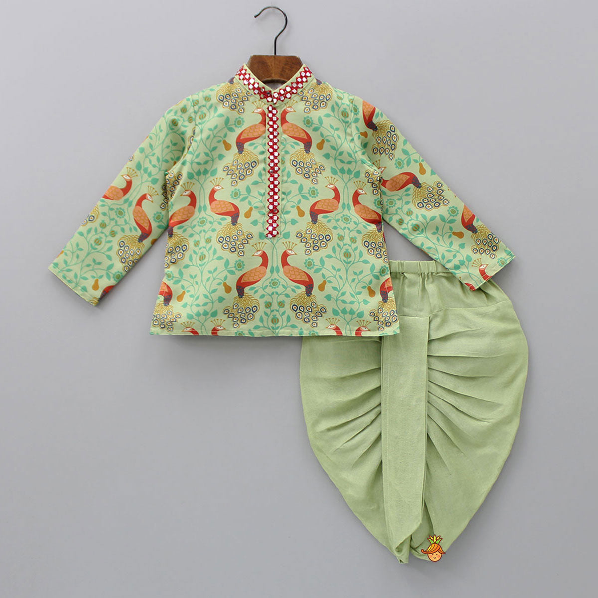 Peacock Printed Kurta And Dhoti With Matching Mukut