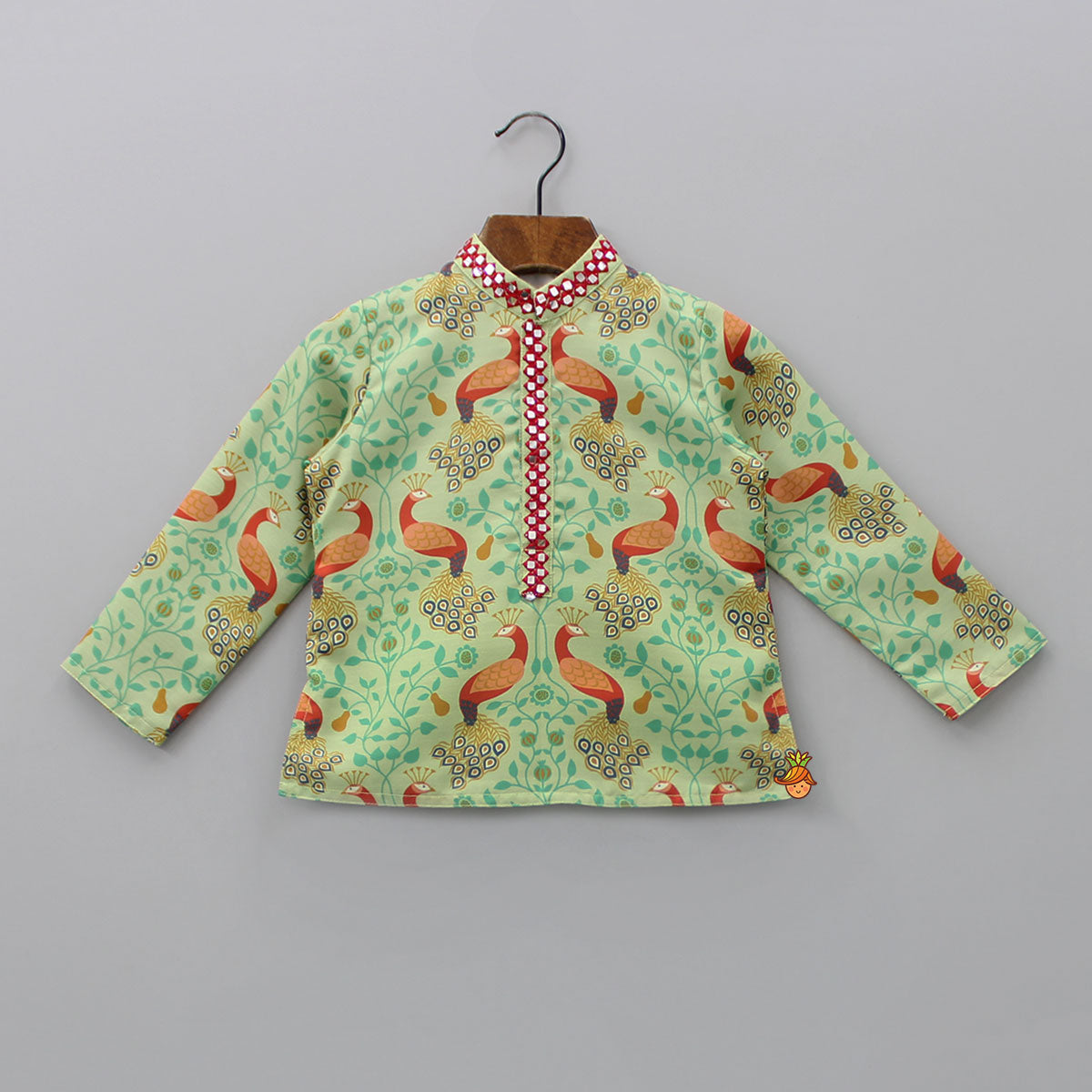 Peacock Printed Kurta And Dhoti With Matching Mukut