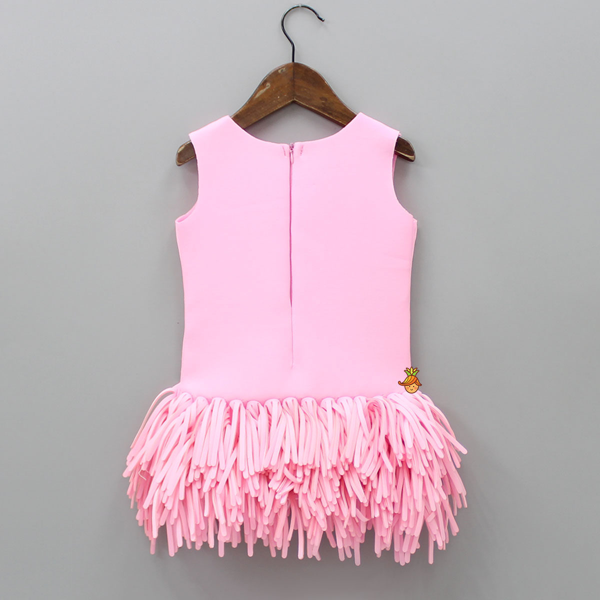 Pink Scuba Dress With Detachable Fringes Flower Broach