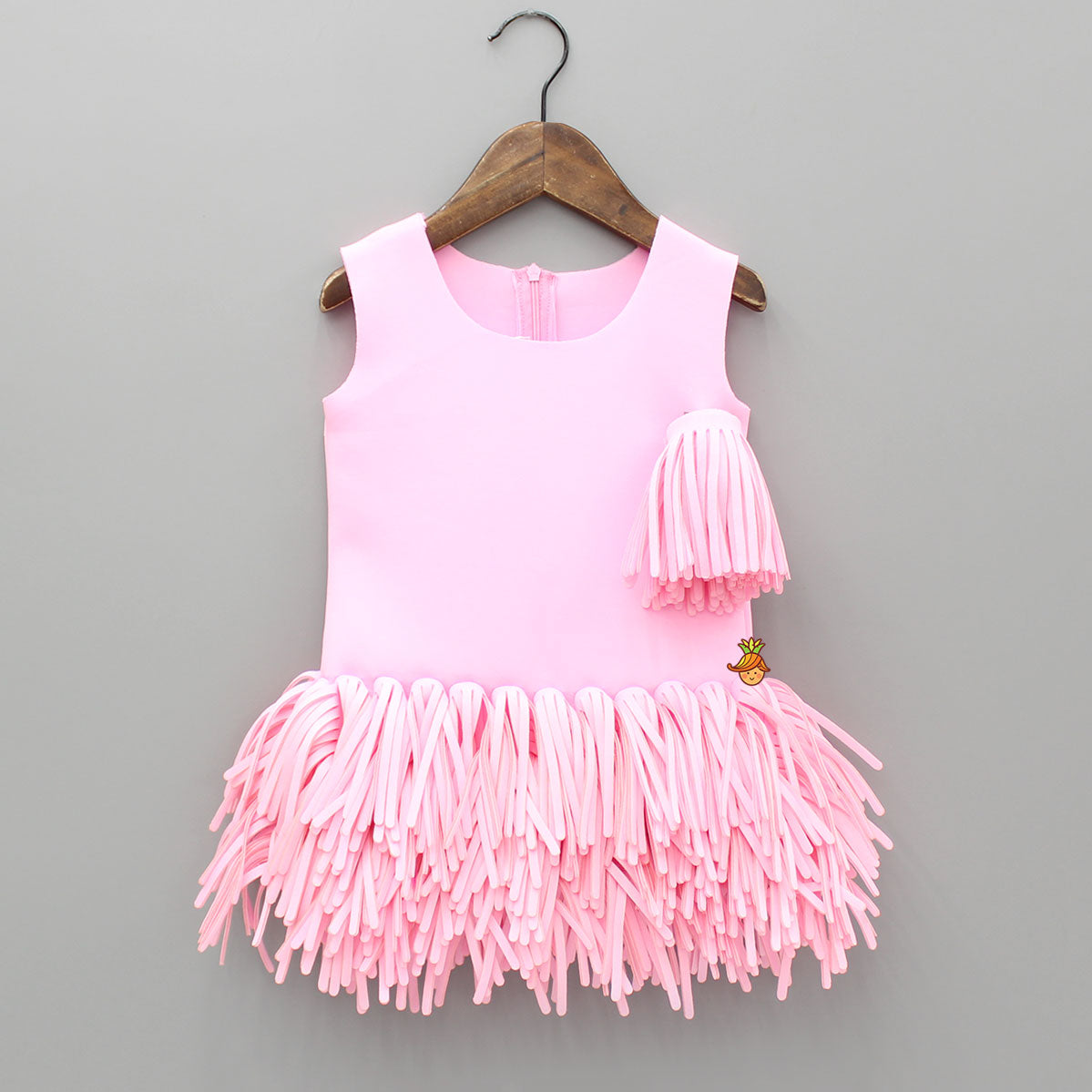 Pink Scuba Dress With Detachable Fringes Flower Broach