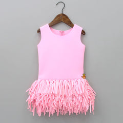 Pre Order: Pink Scuba Dress With Detachable Fringes Flower Broach