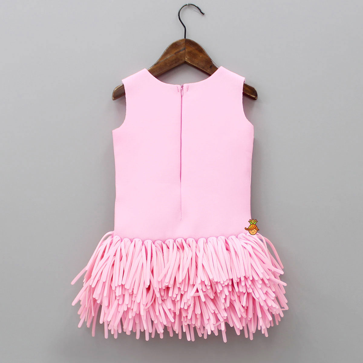 Pink Scuba Dress With Detachable Fringes Flower Broach