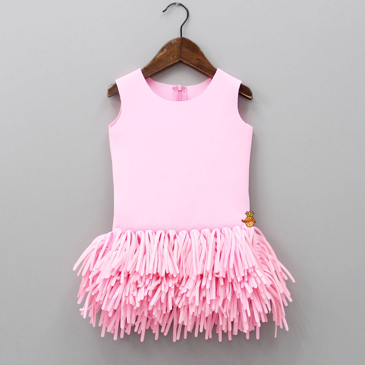 Pink Scuba Dress With Detachable Fringes Flower Broach