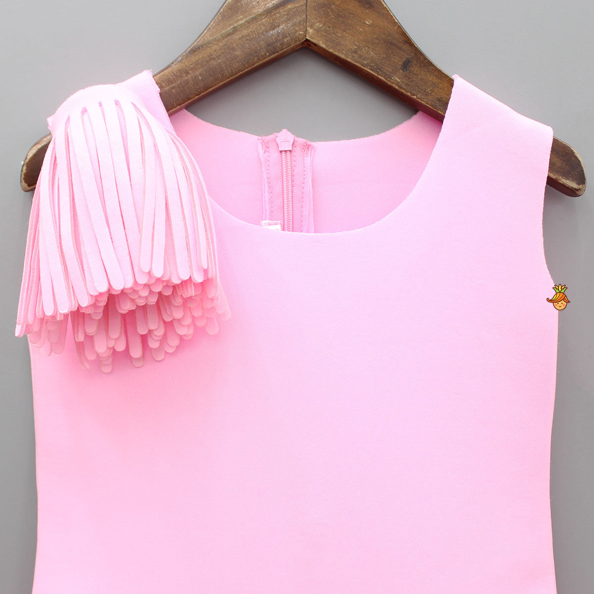 Pink Scuba Dress With Detachable Fringes Flower Broach