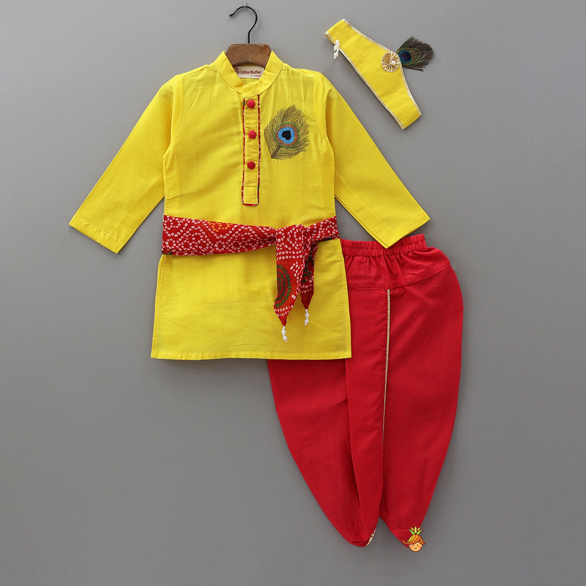 Embroidered Kurta And Dhoti With Krishna Head Band