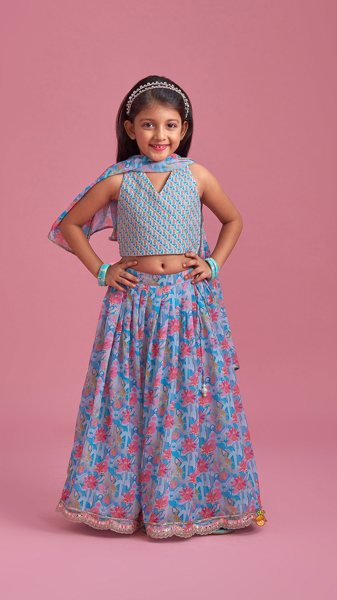 Elegant Floral Printed Blue Halter Neck Top With Pleated Lehenga And Dupatta
