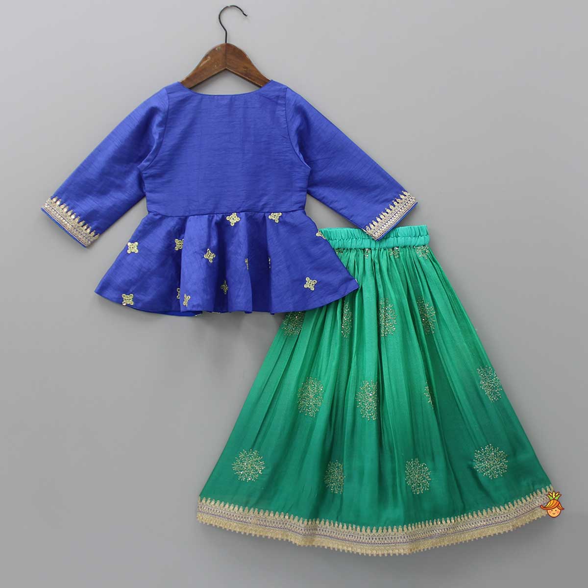 Embroidered Blue Top And Green Lehenga