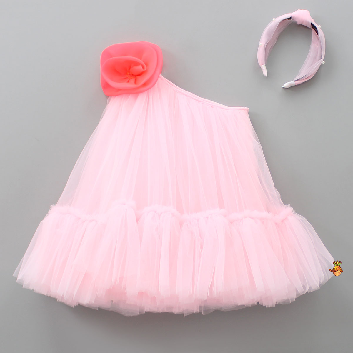 Pre Order: Swirled Flower Enhanced Pink One Shoulder Dress With Hair Band
