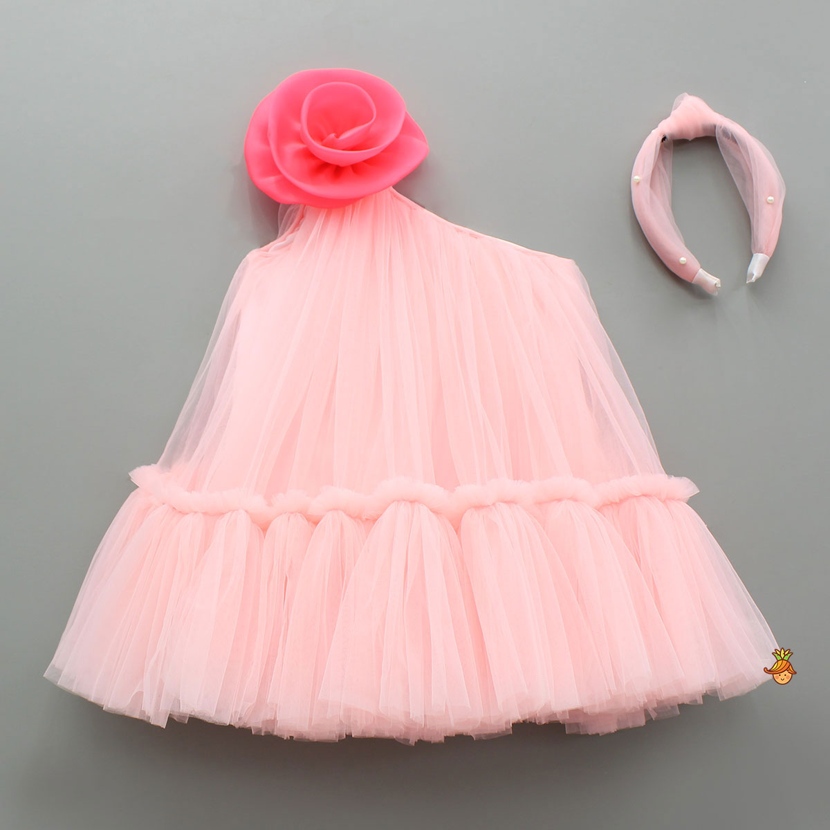 Swirled Flower Enhanced Pink One Shoulder Dress With Hair Band