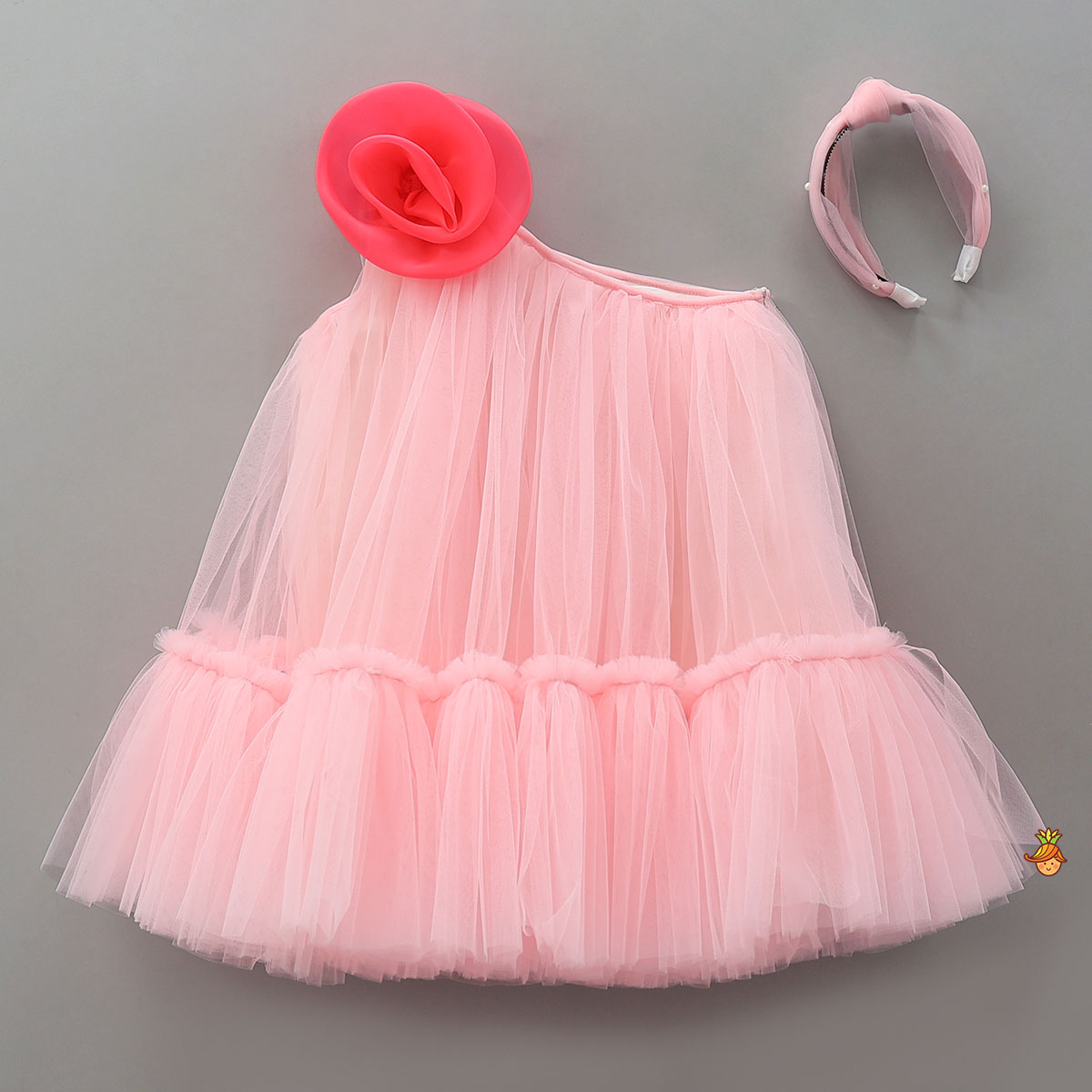 Swirled Flower Enhanced Pink One Shoulder Dress With Hair Band