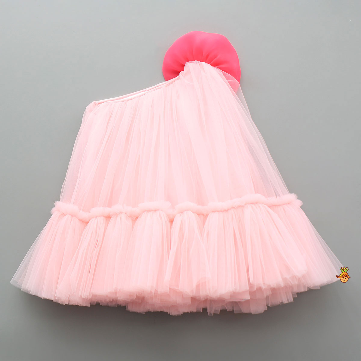 Swirled Flower Enhanced Pink One Shoulder Dress With Hair Band