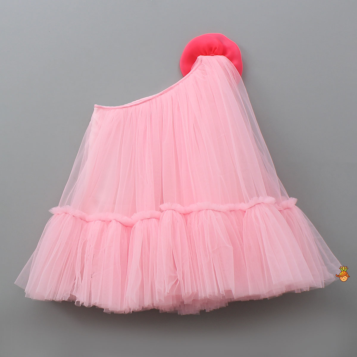 Swirled Flower Enhanced Pink One Shoulder Dress With Hair Band