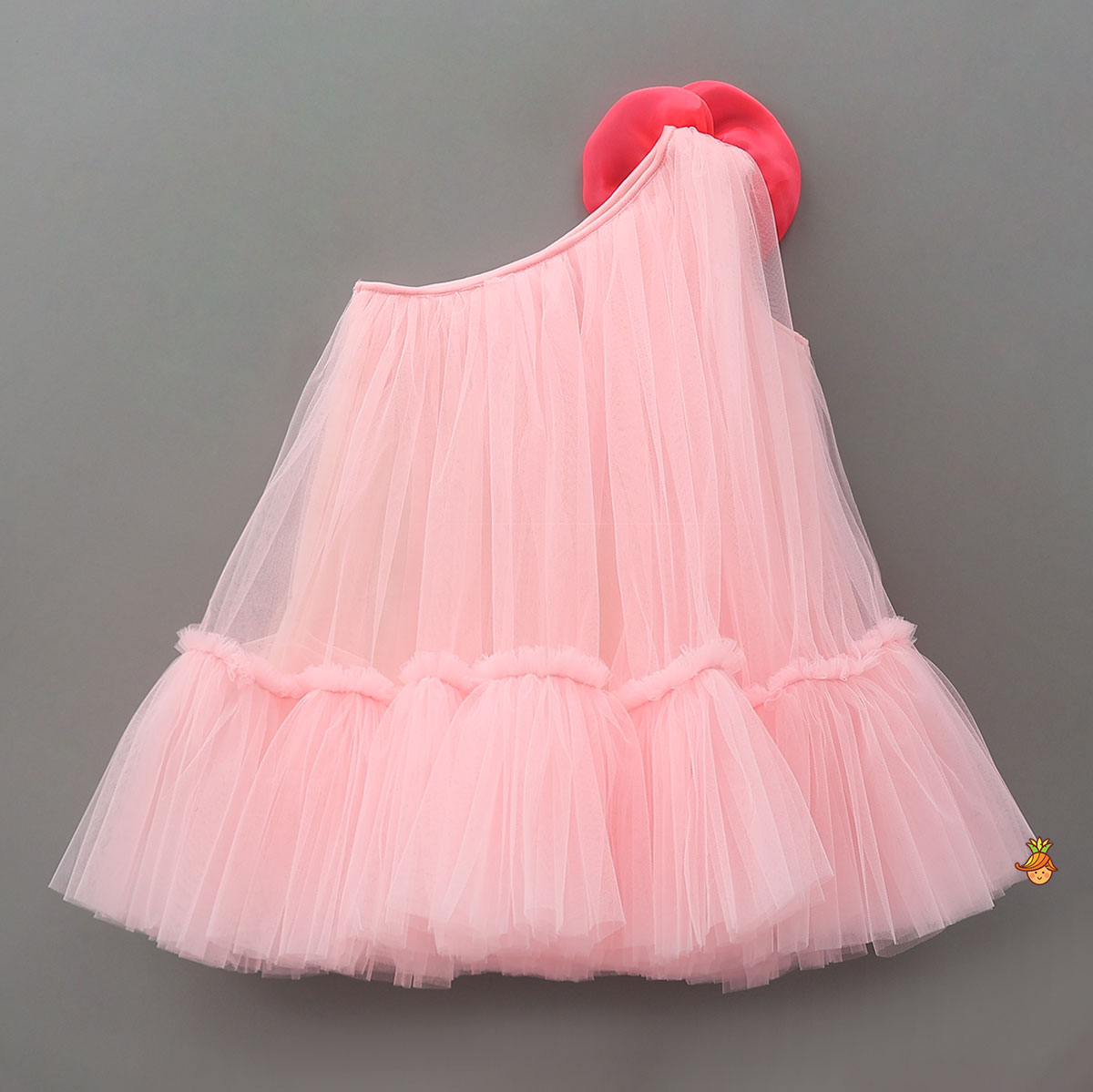 Swirled Flower Enhanced Pink One Shoulder Dress With Hair Band