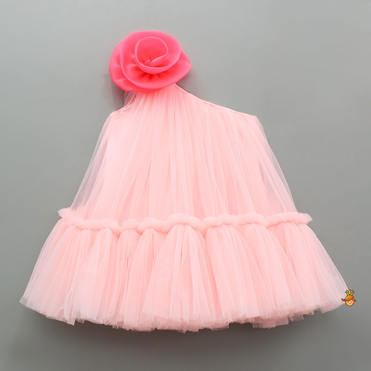 Swirled Flower Enhanced Pink One Shoulder Dress With Hair Band