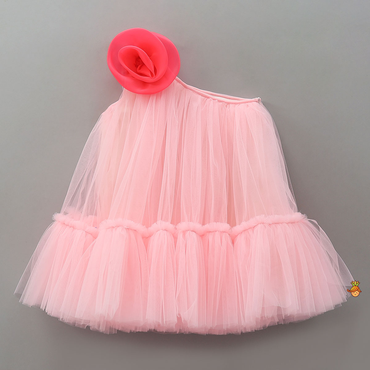 Swirled Flower Enhanced Pink One Shoulder Dress With Hair Band