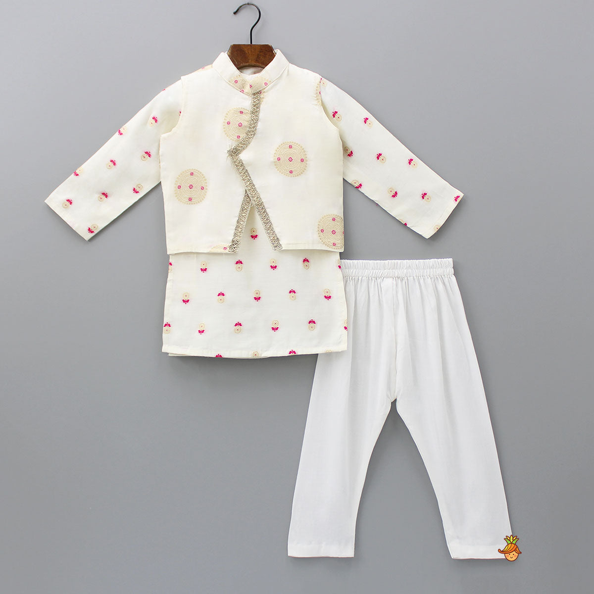 Embroidered Off White Kurta And Jacket With Pyjama