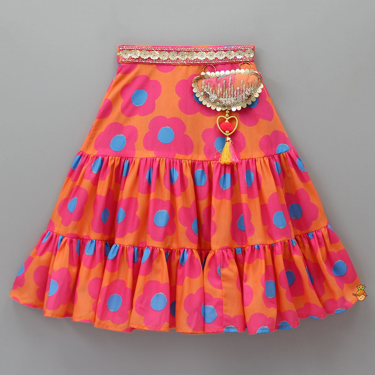 Pre Order: Printed Stylish Top With Tiered Lehenga And Hair Band