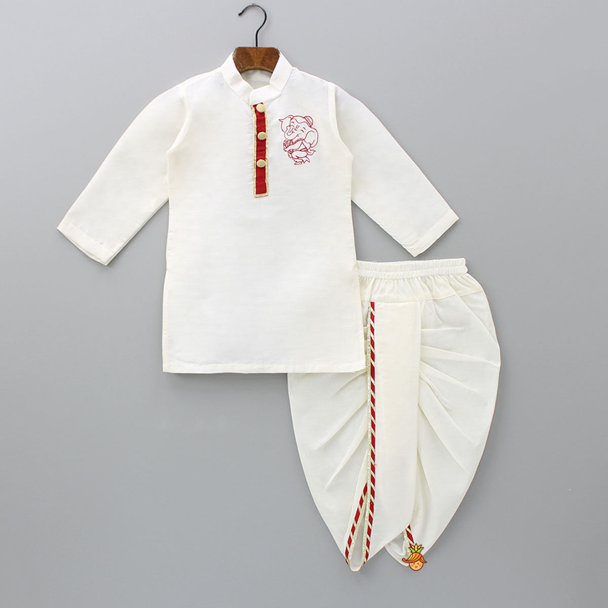 Ganesha Embroidered Off White Kurta And Dhoti