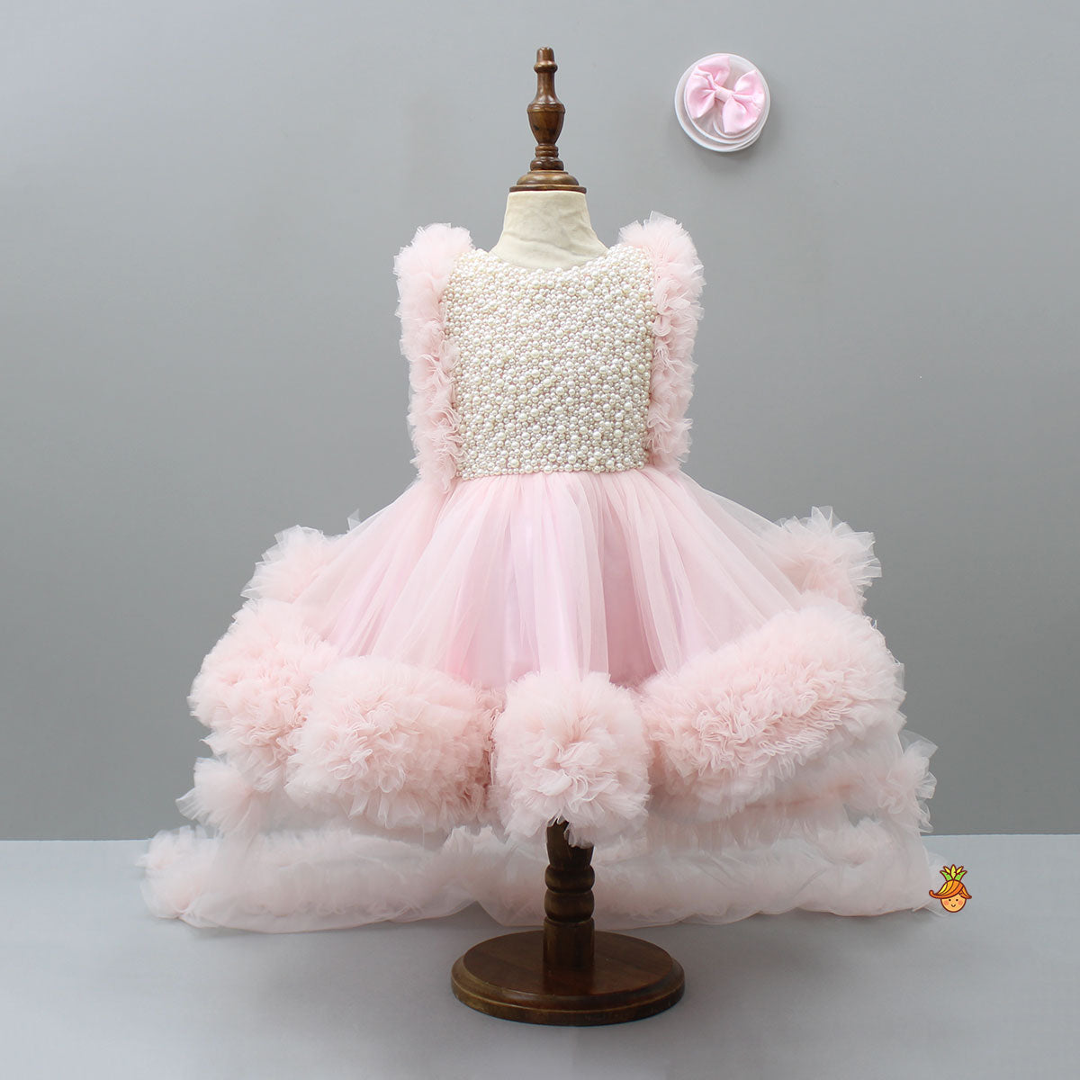 Pre Order: Pink Frilled Flared Dress With Detachable Bow And Trail With Head Band