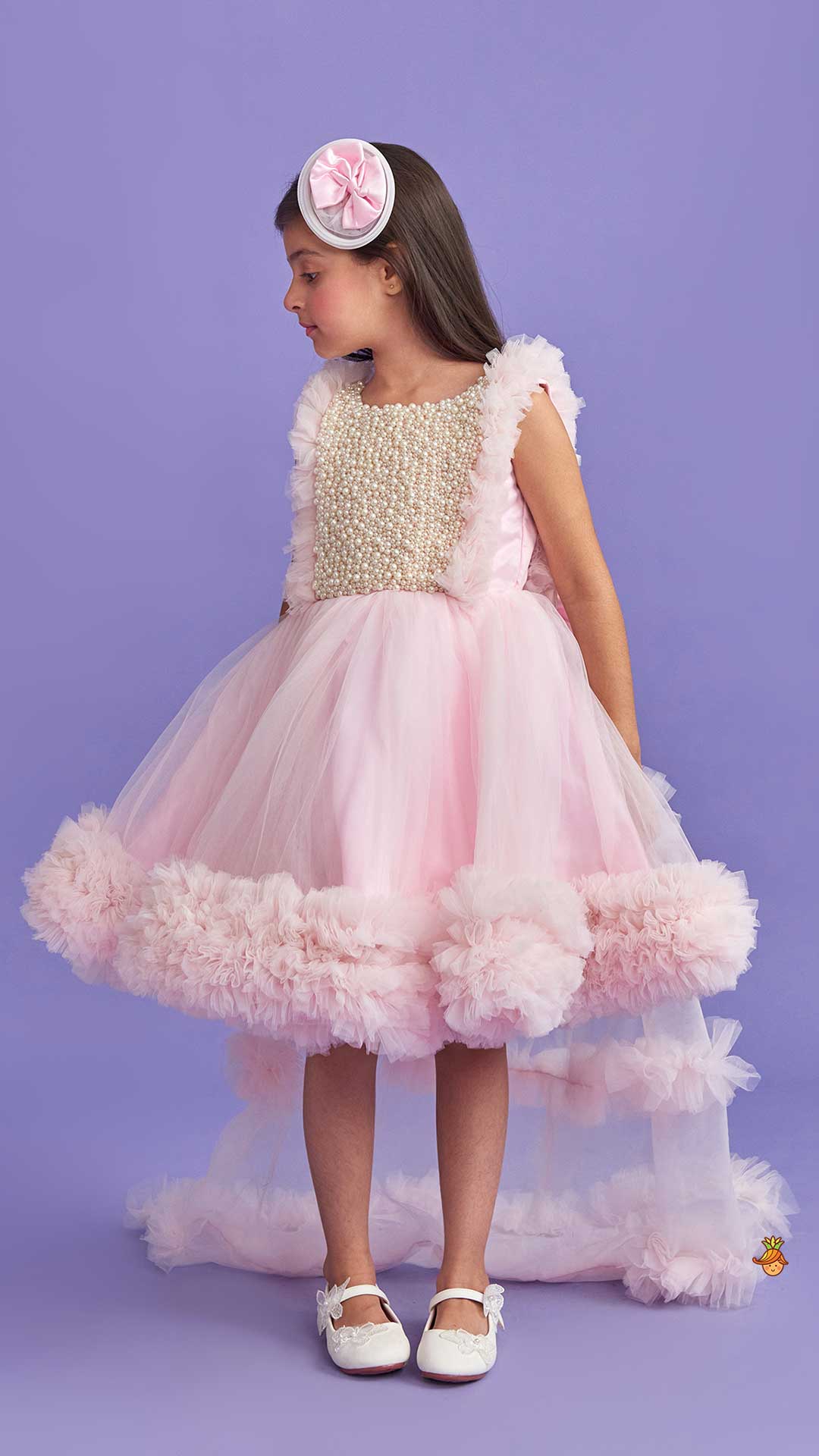 Pink Frilled Flared Dress With Detachable Bow And Trail With Head Band